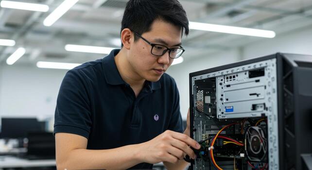 Computer repair technician assembling pc desktop computer hardware upgrade and maintenance service expert photo