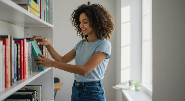 Woman organizing bookshelf at home library with books and literature for reading and education concept photo