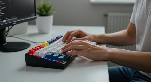 Typing on mechanical keyboard for coding and gaming with rgb backlight and custom keycaps at desk setup photo