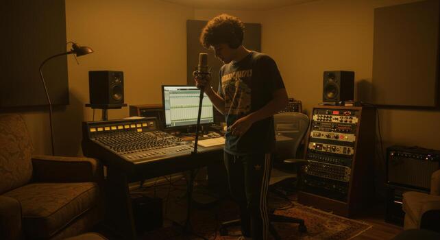 Man singing recording studio vocal booth music production audio engineer sound equipment professional recording photo