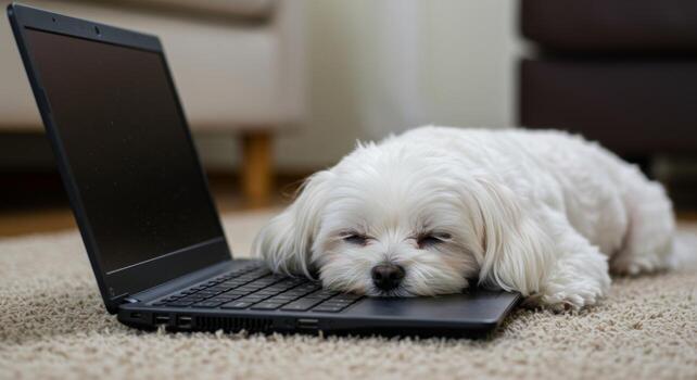 Cute dog sleeping on laptop keyboard home office adorable pet working from home canine rest digital device photo