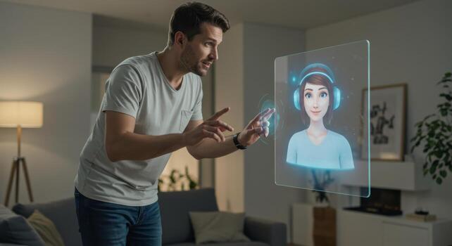 Man interacting with holographic ai assistant future technology virtual reality interface concept design photo