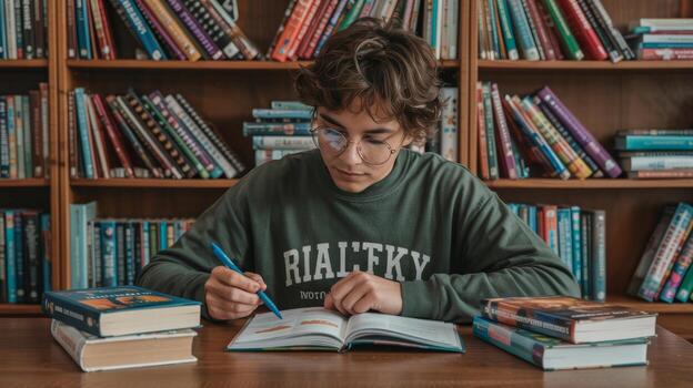 Teen student studying in library with books and notes for exam preparation and learning knowledge success photo