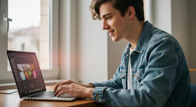 Young man using laptop for editing working from home near window casual denim jacket lifestyle photo