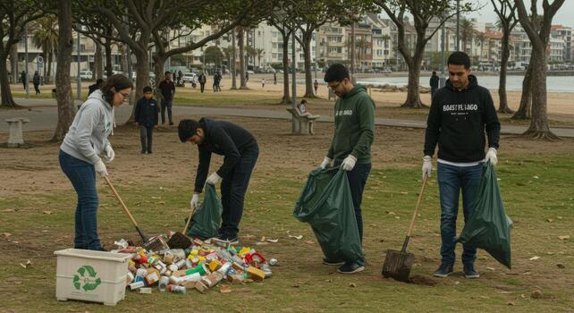 Beach cleanup volunteer event community service project for environmental sustainability and conservation photo