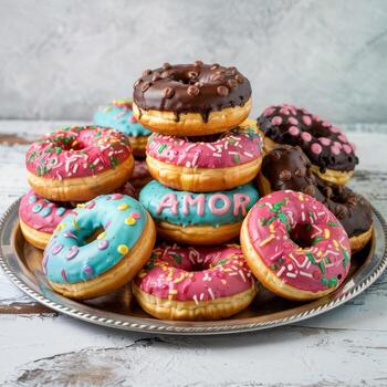 Delicious assorted donuts with colorful frosting stacked on a silver platter dessert food photography photo