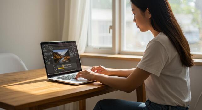 Woman editing on laptop at home editing software editor editing process creative work photo