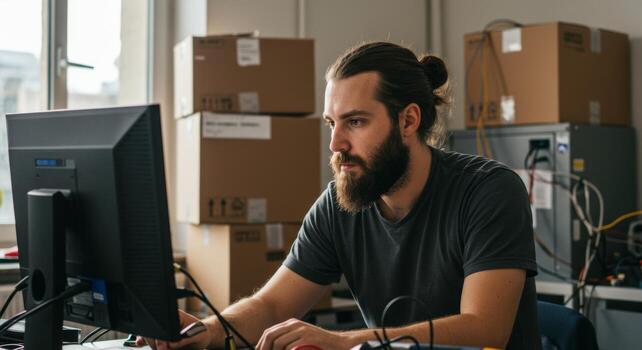 Man working on computer in warehouse office for ecommerce business and order fulfillment process photo