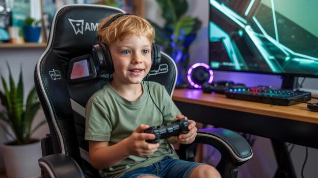 Young gamer playing games on computer with controller and headset in gaming chair at home setup photo