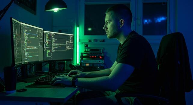 Man coding software developer programmer working on computer at night home office technology job career photo