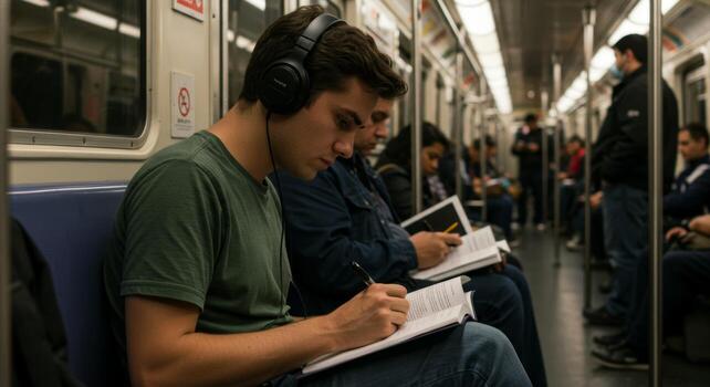 Student studying on subway train commute wearing headphones writing in notebook public transportation learning photo