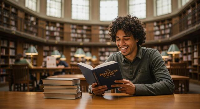 Man reading book in library study research learning education knowledge information student college university photo