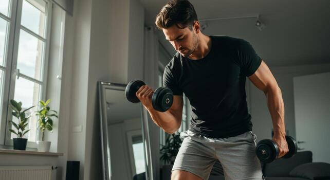 Man doing bicep curls at home workout with dumbbells for strength training and fitness routine indoors photo