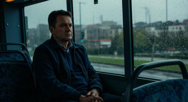 Man on bus commuting in rainy weather looking out window travel and transportation public transport passenger photo