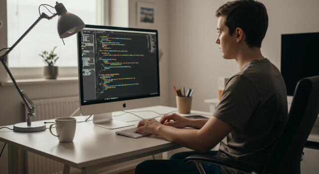 Man coding on computer at desk home office programmer working developer software engineer coding job photo