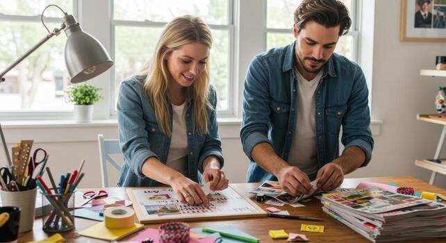 Couple creating scrapbook together at home, diy crafts and hobbies, creative art project, memories album design photo