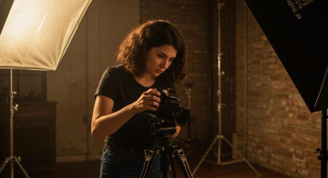 mujer fotógrafo estudio Sesión de fotos profesional fotografía cámara equipo Encendiendo preparar sesión