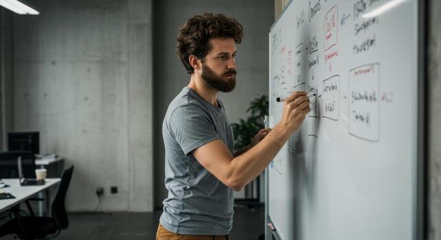 Man writing on whiteboard business strategy planning session office collaboration brainstorming ideas photo