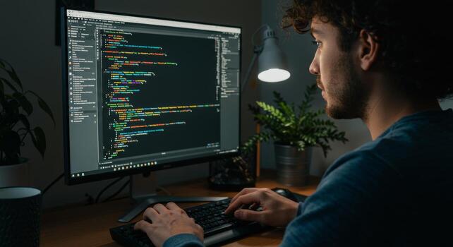 Programming coding software development it professional working on computer typing code late at night photo