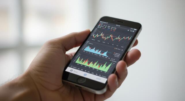 Stock market analysis app on mobile phone for investment trading and financial data visualization tools photo