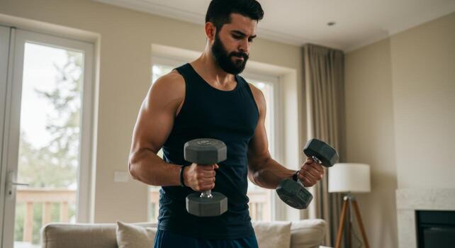 Man doing bicep curls with dumbbells at home for strength training and fitness workout routine exercise photo