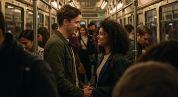 valores foto de joven Pareja participación manos en subterraneo tren desplazamientos en ciudad público transporte sistema