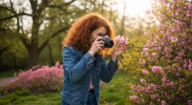 Woman photographing pink flowers in spring garden nature photography hobbyist outdoor photography tips and tricks photo
