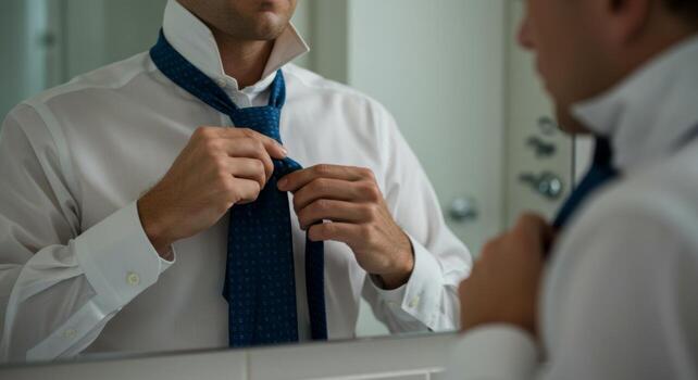 Preparing for the day, a man meticulously adjusts his blue patterned tie in front of a mirror. photo