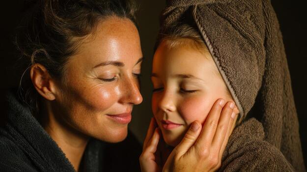 A mother and daughter with eyes closed share an intimate moment of love and connection. photo