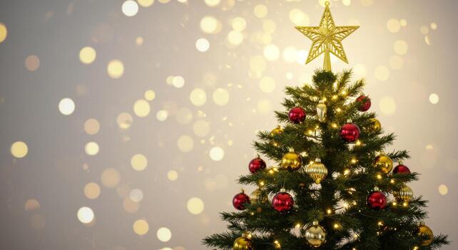 Festive fir tree, topped with gold star, adorned with shiny red and gold baubles, bokeh background photo
