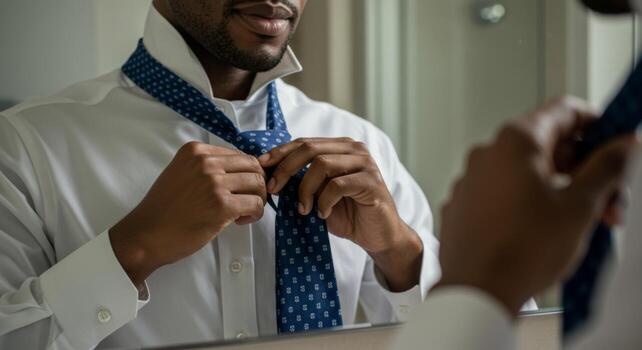 Man in white shirt tying a blue patterned tie, reflected in a mirror, getting ready for the day. photo
