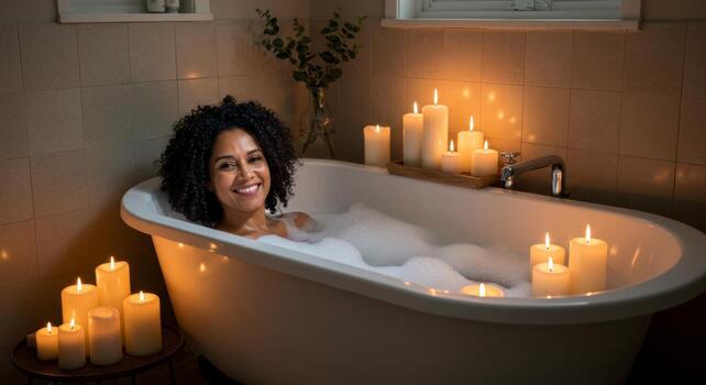 mujer relaja en un burbuja bañera iluminado por el calentar resplandor de velas, disfrutando un sereno noche. foto