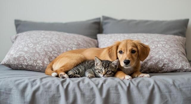 Puppy and kitten cuddling together on a cozy bed with gray bedding and patterned pillows. photo