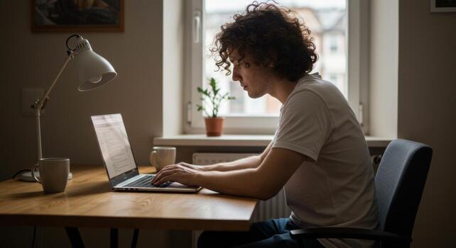 Man working on laptop at home, illuminated by desk lamp, focused and professional setting. photo