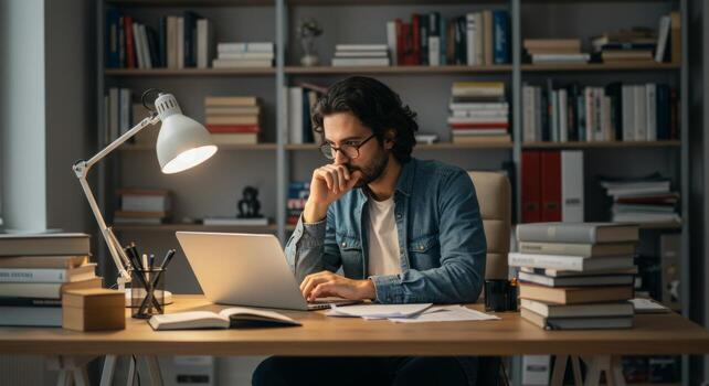 Man working at home office with laptop. He's surrounded by books in a cozy environment. photo