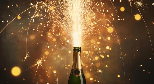 celebración espumoso rociar emanando desde un champán botella en contra un oro bokeh antecedentes. foto