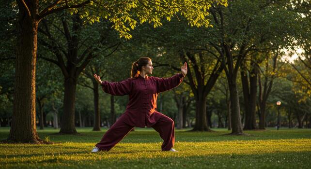 Woman practices a mindful exercise in a park surrounded by trees on a sunny day. Zen practice. photo