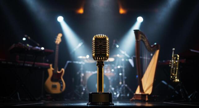 Golden Retro Microphone Award on Stage with Musical Instruments and Dramatic Lighting photo
