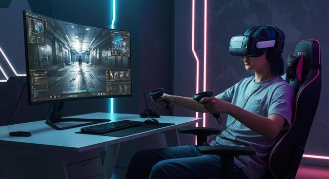 Immersive VR Gaming Experience Young Gamer in Neon-Lit Room Using Headset and Controllers with Futuristic Game Display. photo