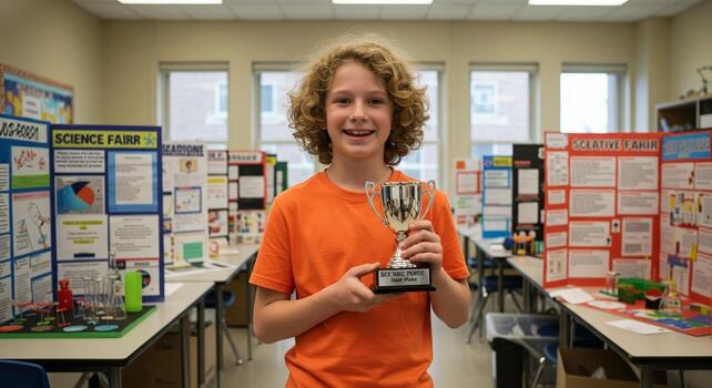 Smiling Boy Holds Science Fair Award Trophy in Classroom photo
