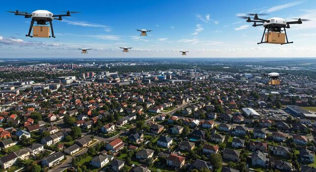 Aerial view of multiple drones delivering packages over a suburban neighborhood on a sunny day photo