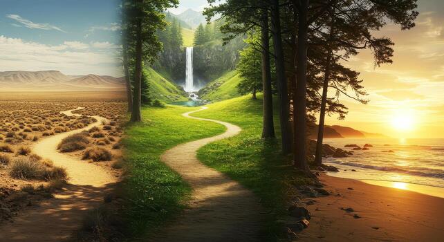 Serene Journey A winding path transitions through desert, lush waterfall landscape, and tranquil sunset beach. photo