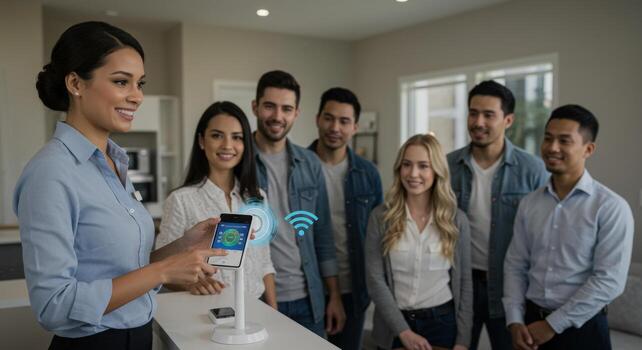 Smiling businesswoman presenting smart home technology to a diverse group of interested clients in a modern, bright living room. photo