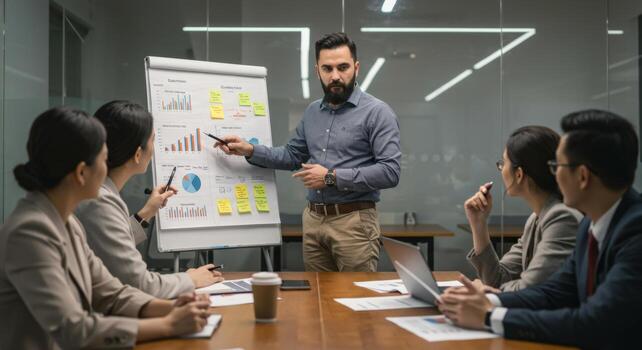 Confident Male Presenter Leading Diverse Business Team Meeting, Analyzing Charts and Graphs, Modern Office Setting photo