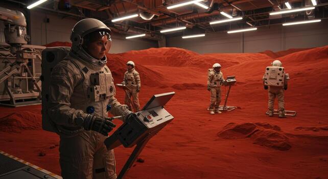 Astronauts on Mars Serious Female Astronaut Operates Martian Surface Equipment, Teammates in Background, Red Planet Landscape, Sci-Fi Exploration. photo