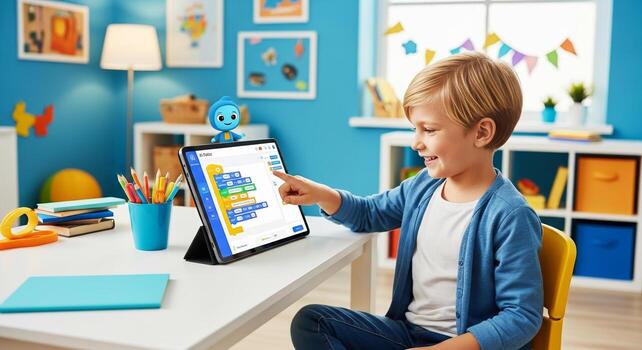 Happy child joyfully learning coding on tablet, bright colorful classroom setting, playful educational app interface. photo
