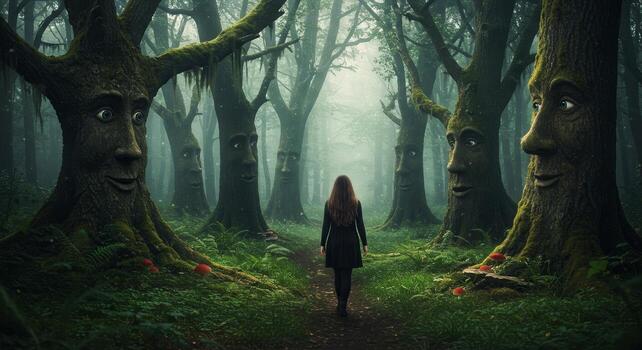 Mysterious Woman Walks Through Enchanting, Foggy Forest Path Lined with Ancient, Face-Like Trees Fantasy, Fairytale, Surreal, Dreamlike Atmosphere. photo