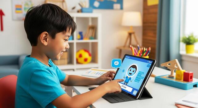 Happy Asian boy using AI educational app on tablet, playful learning, bright room. photo