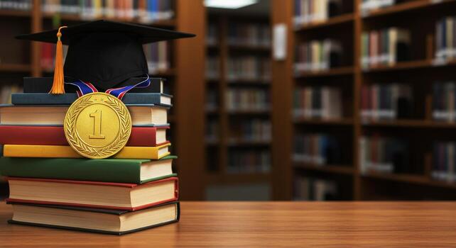 Academic Achievement Gold Medal, Graduation Cap, and Stack of Books in Library Setting photo