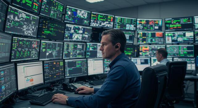 Focused Male IT Specialist Monitoring Multiple Screens in a Modern Control Room. photo